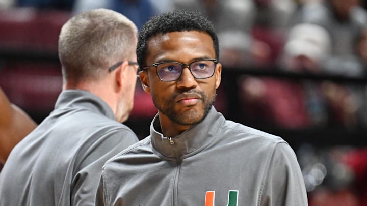 Feb 24, 2026; Tallahassee, Florida, USA; Miami Hurricanes head coach Jai Lucas during the first half against the Florida State Seminoles at Donald L. Tucker Center. Mandatory Credit: Melina Myers-Imagn Images