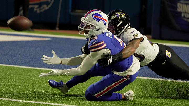 Buffalo Bills wide receiver Joshua Palmer gets held by Baltimore Ravens cornerback Jaire Alexander while trying to catch the pass during the second half of their game against the Baltimore Ravens at Highmark Stadium in Orchard Park on Sept. 7, 2025. Buffalo Bills wide receiver Joshua Palmer gets held by Baltimore Ravens cornerback Jaire Alexander while trying to catch the pass during the second half of their game against the Baltimore Ravens at Highmark Stadium in Orchard Park on Sept. 7, 2025.
