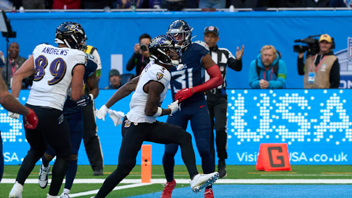 Baltimore Ravens wide receiver Zay Flowers scores a touchdown during the first half of an NFL International Series game.