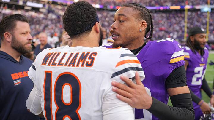 Chicago Bears quarterback Caleb Williams (18) greets Minnesota Vikings wide receiver Justin Jefferson (18) following a game at U.S. Bank Stadium. Mandatory Credit: Brad Rempel-Imagn Images Chicago Bears quarterback Caleb Williams (18) greets Minnesota Vikings wide receiver Justin Jefferson (18) following a game at U.S. Bank Stadium. Mandatory Credit: Brad Rempel-Imagn Images