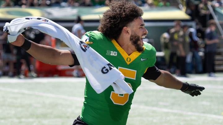 Oregon’s Dante Moore celebrates during the first half of he Oregon Spring Game at Autzen Stadium in Eugene April 25, 2026