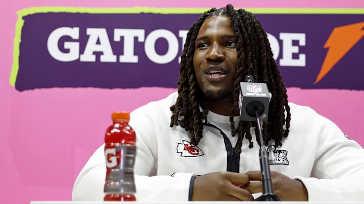 Feb 3, 2025; New Orleans, LA, USA; Kansas City Chiefs linebacker Nick Bolton (32) talks to the media during Super Bowl LIX Opening Night at Ceasars Superdome. Mandatory Credit: Stephen Lew-Imagn Images Feb 3, 2025; New Orleans, LA, USA; Kansas City Chiefs linebacker Nick Bolton (32) talks to the media during Super Bowl LIX Opening Night at Ceasars Superdome. Mandatory Credit: Stephen Lew-Imagn Images
