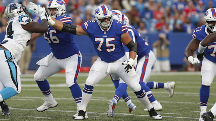 Aug 9, 2018; Orchard Park, NY, USA; Buffalo Bills offensive guard Wyatt Teller (75) looks to make a block during the first half against the Carolina Panthers at New Era Field