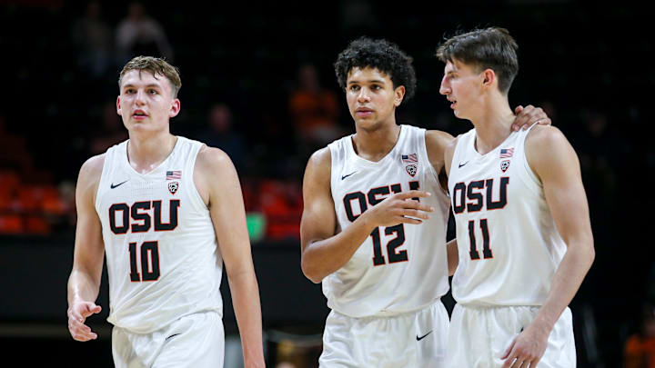 Oregon State players return to the court after half time during the men s basketball game against Bushnell on Tuesday, Nov. 15, 2022 at OSU in Corvallis, Ore.
Osuvsbushnell456 Oregon State players return to the court after half time during the men s basketball game against Bushnell on Tuesday, Nov. 15, 2022 at OSU in Corvallis, Ore.
Osuvsbushnell456