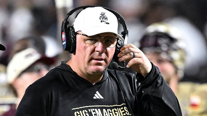 Texas A&M Aggies head coach Mike Elko looks on during a time-out in fourth quarter against the Arkansas Razorbacks at Kyle Field. Texas A&M Aggies head coach Mike Elko looks on during a time-out in fourth quarter against the Arkansas Razorbacks at Kyle Field.