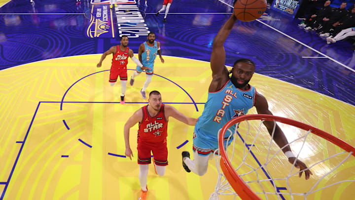 Feb 16, 2025; San Francisco, CA, USA; Shaq’s OGs guard Jaylen Brown (7) of the Boston Celtics shoots against Chuck’s Global Stars center Nikola Jokic (15) of the Denver Nuggets during the 2025 NBA All Star Game at Chase Center. Mandatory Credit: Ezra Shaw-Pool Photo via Imagn Images Feb 16, 2025; San Francisco, CA, USA; Shaq’s OGs guard Jaylen Brown (7) of the Boston Celtics shoots against Chuck’s Global Stars center Nikola Jokic (15) of the Denver Nuggets during the 2025 NBA All Star Game at Chase Center. Mandatory Credit: Ezra Shaw-Pool Photo via Imagn Images