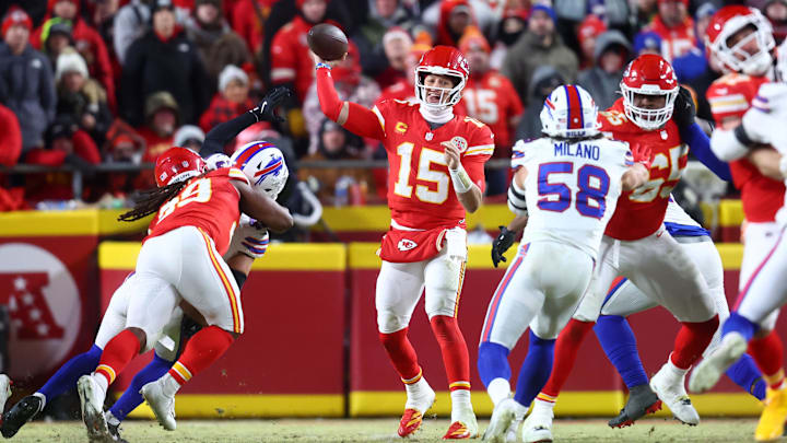 Jan 26, 2025; Kansas City, MO, USA; Kansas City Chiefs quarterback Patrick Mahomes (15) drops back to pass against the Buffalo Bills during the second half in the AFC Championship game at GEHA Field at Arrowhead Stadium. Mandatory Credit: Mark J. Rebilas-Imagn Images