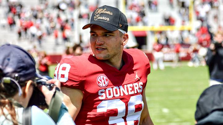 Oklahoma linebacker Owen Heinecke after the Sooners' spring game. Oklahoma linebacker Owen Heinecke after the Sooners' spring game.