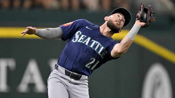 Seattle Mariners third baseman Miles Mastrobuoni catches a ball during a game against the Texas Rangers on June 28 at Globe Life Field.