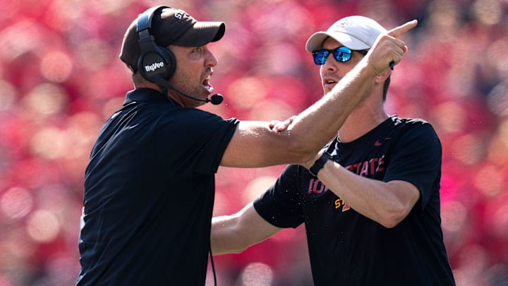 Iowa State Cyclones head coach Matt Campbell reacts in the fourth quarter of the NCAA football game between the Cincinnati Bearcats and Iowa State Cyclones at Nippert Stadium in Cincinnati on Oct. 4, 2025.