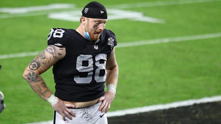 Dec 26, 2020; Paradise, Nevada, USA; Las Vegas Raiders defensive end Maxx Crosby (98) reacts following the game against the Miami Dolphins at Allegiant Stadium. Mandatory Credit: Mark J. Rebilas-Imagn Images