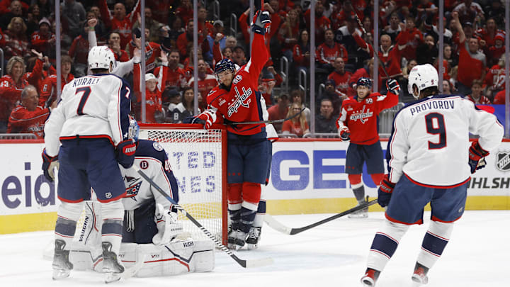 Nov 2, 2024; Washington, District of Columbia, USA; Washington Capitals center Nic Dowd (26) celebrates after scoring a goal on Columbus Blue Jackets goaltender Daniil Tarasov (40) in the first period at Capital One Arena. Mandatory Credit: Geoff Burke-Imagn Images