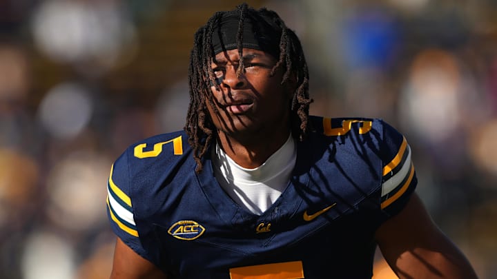 Nov 23, 2024; Berkeley, California, USA; California Golden Bears wide receiver Tobias Merriweather (5) before the game against the Stanford Cardinal at California Memorial Stadium. Nov 23, 2024; Berkeley, California, USA; California Golden Bears wide receiver Tobias Merriweather (5) before the game against the Stanford Cardinal at California Memorial Stadium.
