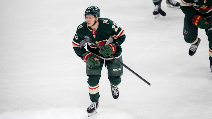 Apr 24, 2025; Saint Paul, Minnesota, USA; Minnesota Wild center Marco Rossi (23) leads the team to the bench after scoring against the Vegas Golden Knights in the first period in game three of the first round of the 2025 Stanley Cup Playoffs at Xcel Energy Center. Mandatory Credit: Matt Blewett-Imagn Images