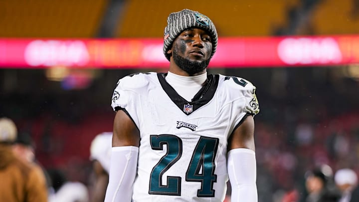 Nov 20, 2023; Kansas City, Missouri, USA; Philadelphia Eagles cornerback James Bradberry (24) leaves the field after defeating the Kansas City Chiefs at GEHA Field at Arrowhead Stadium. Mandatory Credit: Jay Biggerstaff-USA TODAY Sports