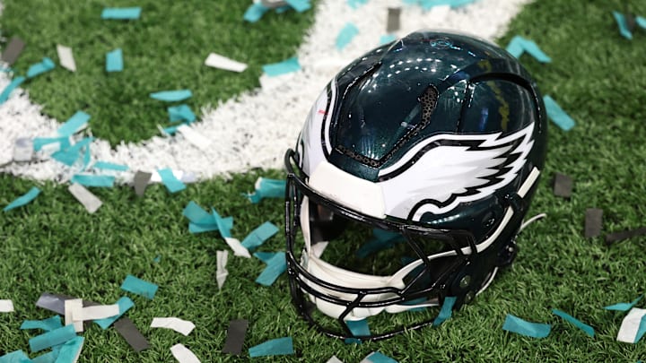 Feb 9, 2025; New Orleans, LA, USA; A Philadelphia Eagles player's helmet rests on the field after Super Bowl LIX against the Kansas City Chiefs at Caesars Superdome. Mandatory Credit: Geoff Burke-Imagn Images Feb 9, 2025; New Orleans, LA, USA; A Philadelphia Eagles player's helmet rests on the field after Super Bowl LIX against the Kansas City Chiefs at Caesars Superdome. Mandatory Credit: Geoff Burke-Imagn Images