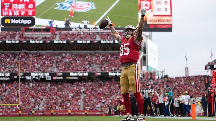Sep 20, 2026; Santa Clara, California, USA; San Francisco 49ers tight end George Kittle (85) celebrates after catching a pass for a touchdown against the Miami Dolphins in the third quarter at Levi's Stadium. Mandatory Credit: Cary Edmondson-Imagn Images Sep 20, 2026; Santa Clara, California, USA; San Francisco 49ers tight end George Kittle (85) celebrates after catching a pass for a touchdown against the Miami Dolphins in the third quarter at Levi's Stadium. Mandatory Credit: Cary Edmondson-Imagn Images