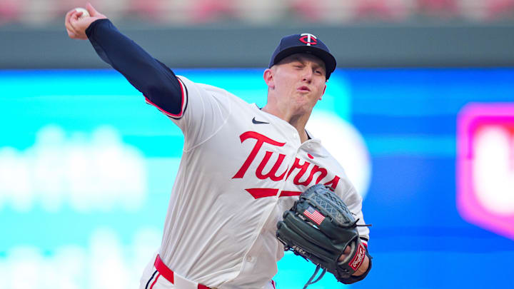 Aug 13, 2024; Minneapolis, Minnesota, USA; Minnesota Twins pitcher Zebby Matthews (52) pitches against the Kansas City Royals in the fourth inning at Target Field. Aug 13, 2024; Minneapolis, Minnesota, USA; Minnesota Twins pitcher Zebby Matthews (52) pitches against the Kansas City Royals in the fourth inning at Target Field.