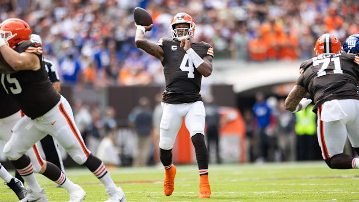 Sep 22, 2024; Cleveland, Ohio, USA; Cleveland Browns quarterback Deshaun Watson (4) throws the ball against the New York Giants during the first quarter at Huntington Bank Field.