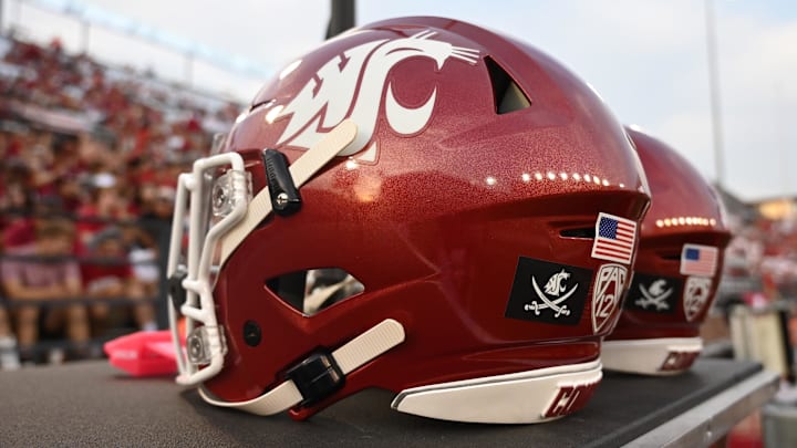 Sep 7, 2024; Pullman, Washington, USA; A pirate flag on the back of Washington State Cougars helmet in memory of Mike Leach during a game against the Texas Tech Red Raiders in the first half at Gesa Field at Martin Stadium. Mandatory Credit: James Snook-Imagn Images
