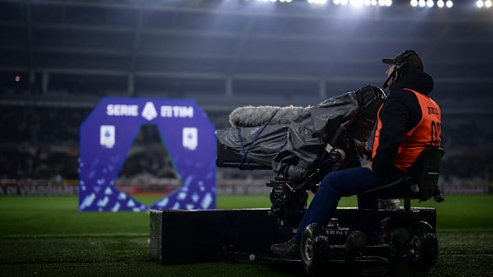 A television camera is seen next to the Serie A archway...