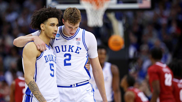 Mar 29, 2025; Newark, NJ, USA; Duke basketball guard Tyrese Proctor (5) talks with forward Cooper Flagg (2) during the second half against the Alabama Crimson Tide in the East Regional final of the 2025 NCAA tournament at Prudential Center.
