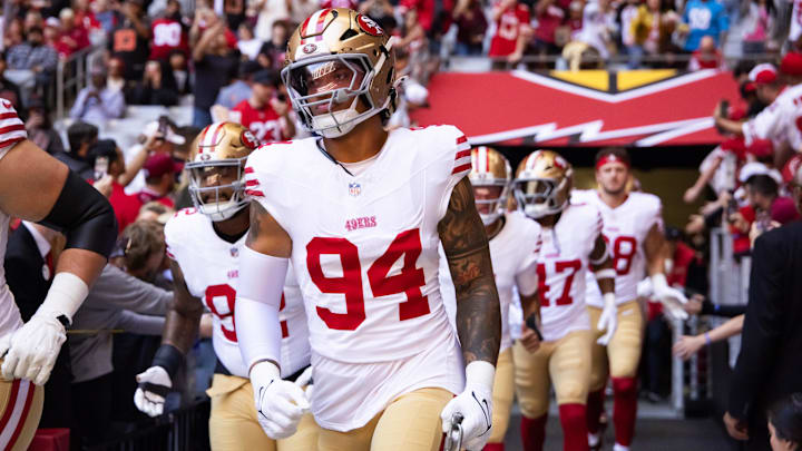 Jan 5, 2025; Glendale, Arizona, USA; San Francisco 49ers defensive end Yetur Gross-Matos (94) against the Arizona Cardinals at State Farm Stadium. Mandatory Credit: Mark J. Rebilas-Imagn Images