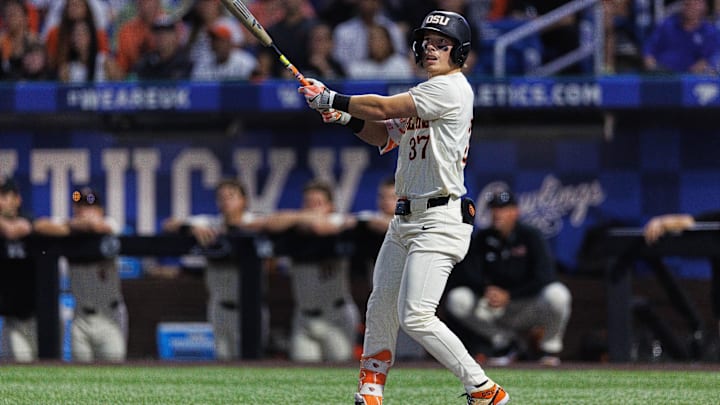 Jun 9, 2024; Lexington, KY, USA; Oregon State Beavers infielder Travis Bazzana (37) hits a foul ball during the first inning against the Kentucky Wildcats at Kentucky Proud Park. Mandatory Credit: Jordan Prather-Imagn Images