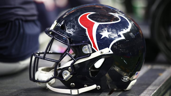 Jan 5, 2019; Houston, TX, USA; Detailed view of a Houston Texans helmet against the Indianapolis Colts during the AFC Wild Card at NRG Stadium. Mandatory Credit: Mark J. Rebilas-Imagn Images