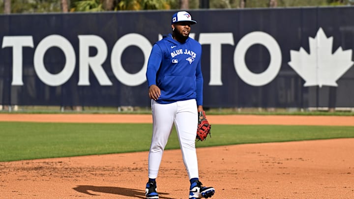 Feb 19, 2025; Dunedin, FL, USA;  Toronto Blue Jays infielder Vladimir Guerrero Jr. (27) prepares to run a drill  during spring training at Cecil B. Englebert Complex. 