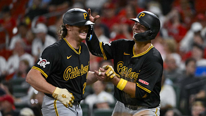 Sep 18, 2024; St. Louis, Missouri, USA;  Pittsburgh Pirates center fielder Billy Cook (28) is congratulated by  third baseman Nick Yorke (38) after hitting a three run home run against the St. Louis Cardinals during the sixth inning at Busch Stadium. Mandatory Credit: Jeff Curry-Imagn Images