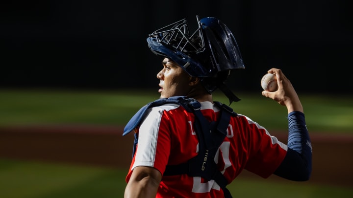 Jun 18, 2024; Phoenix, AZ, USA; El Shaddai Christian Academy catcher Ivan Luciano during the MLB Draft Combine at Chase Field. Mandatory Credit: Mark J. Rebilas-USA TODAY Sports Jun 18, 2024; Phoenix, AZ, USA; El Shaddai Christian Academy catcher Ivan Luciano during the MLB Draft Combine at Chase Field. Mandatory Credit: Mark J. Rebilas-USA TODAY Sports