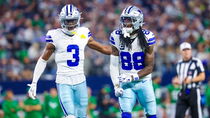 Nov 23, 2025; Arlington, Texas, USA; Dallas Cowboys wide receiver George Pickens (3) and Dallas Cowboys wide receiver CeeDee Lamb (88) react during the game against the Philadelphia Eagles at AT&T Stadium. Mandatory Credit: Kevin Jairaj-Imagn Images