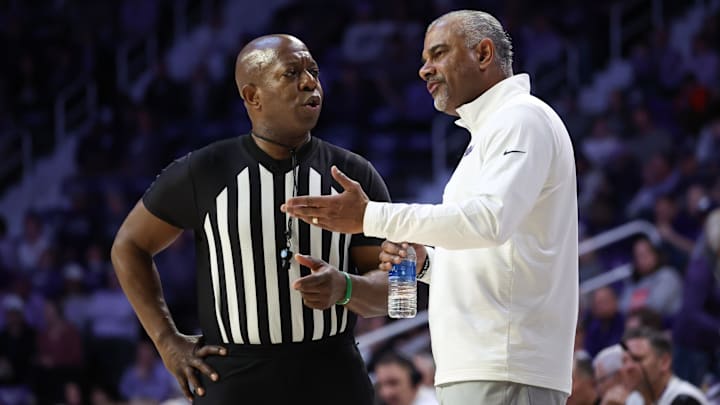 Mar 2, 2025; Manhattan, Kansas, USA; Kansas State Wildcats head coach Jerome Tang talks to an official during the second half against the Colorado Buffaloes at Bramlage Coliseum. Mandatory Credit: Scott Sewell-Imagn Images