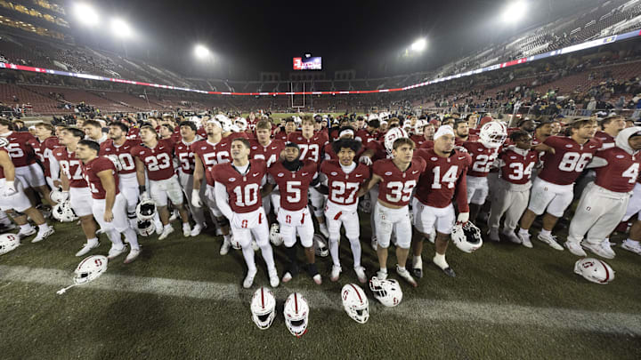 Nov 29, 2025; Stanford, California, USA;  General view of the players for Stanford Cardinal after losing to Notre Dame Fighting Irish at Stanford Stadium. Mandatory Credit: Stan Szeto-Imagn Images