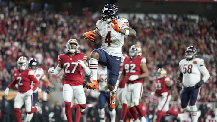 Dec 28, 2025; Santa Clara, California, USA; Chicago Bears running back D'Andre Swift (4) scores a touchdown against the San Francisco 49ers in the second half at Levi's Stadium. Mandatory Credit: Kyle Terada-Imagn Images