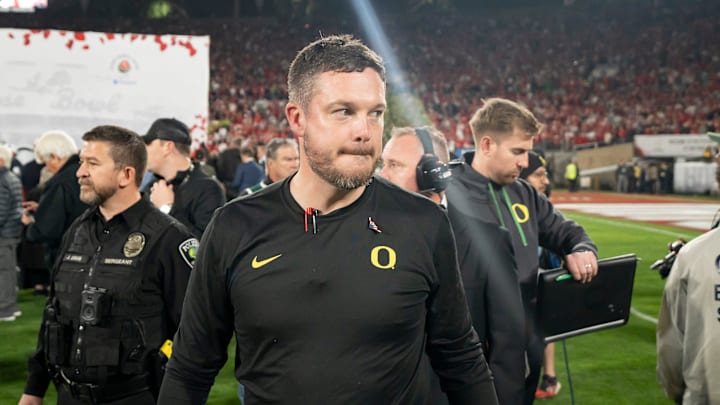 Oregon head coach Dan Lanning walks off the field as the Oregon Ducks face the Ohio State Buckeyes on Wednesday, Jan. 1, 2025, in the quarterfinal of the College Football Playoff at the Rose Bowl in Pasadena, Calif.