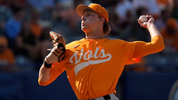 May 22, 2025; Hoover, AL, USA; Tennessee relief pitcher Brandon Arvidson makes a pitch against Texas in the third round of the SEC Baseball Tournament at the Hoover Met. Tennessee eliminated Texas with a 12-inning 7-5 victory.