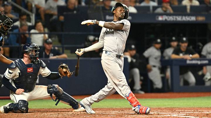 Oct 5, 2026; St. Petersburg, Florida, USA; New York Yankees second baseman Jazz Chisholm Jr. (13) is out on a batted ball during the fifth inning against the Tampa Bay Rays in game two of the ALDS for the 2026 MLB Playoffs at Tropicana Field. Mandatory Credit: Jonathan Dyer-Imagn Images Oct 5, 2026; St. Petersburg, Florida, USA; New York Yankees second baseman Jazz Chisholm Jr. (13) is out on a batted ball during the fifth inning against the Tampa Bay Rays in game two of the ALDS for the 2026 MLB Playoffs at Tropicana Field. Mandatory Credit: Jonathan Dyer-Imagn Images