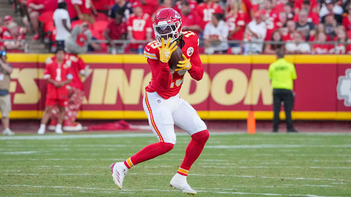 Aug 22, 2024; Kansas City, Missouri, USA; Kansas City Chiefs wide receiver Kadarius Toney (19) catches a pass against the Chicago Bears during the first half at GEHA Field at Arrowhead Stadium. Mandatory Credit: Denny Medley-Imagn Images