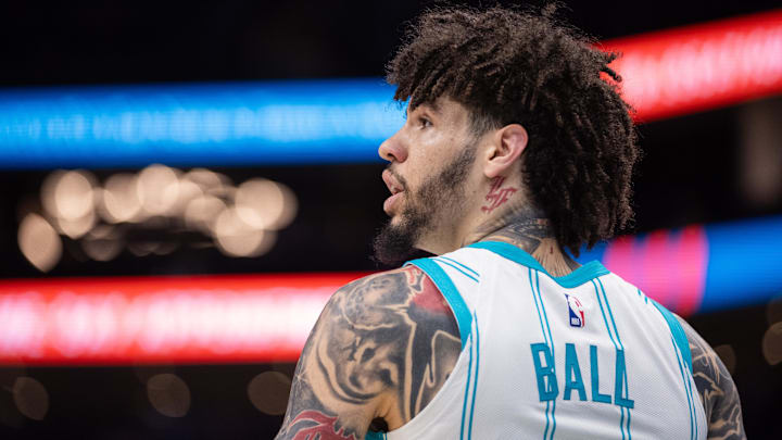 Feb 28, 2026; Charlotte, North Carolina, USA; Charlotte Hornets guard LaMelo Ball (1) looks back during the first quarter against the Portland Trail Blazers at Spectrum Center. Mandatory Credit: Scott Kinser-Imagn Images
