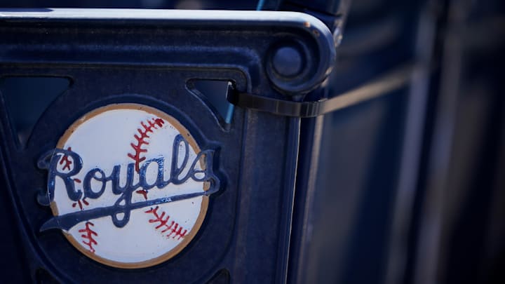 Apr 1, 2021; Kansas City, Missouri, USA; A general view of the Kansas City Royals logo on seats with complimentary flags for fans before the Opening Day game against the Texas Rangers Kauffman Stadium. Mandatory Credit: Denny Medley-Imagn Images
