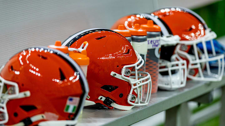 Nov 17, 2024; New Orleans, Louisiana, USA;  Detailed view of the Cleveland Browns helmets on a time out against the New Orleans Saints during the first half at Caesars Superdome. Mandatory Credit: Stephen Lew-Imagn Images