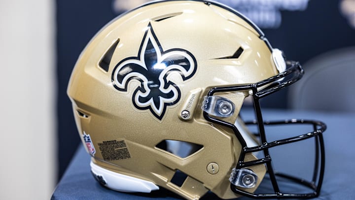 Mar 11, 2023; Metairie, LA, USA;  Detailed view of New Orleans Saints helmet at Ochsner Sports Performance Center. Mandatory Credit: Stephen Lew-Imagn Images