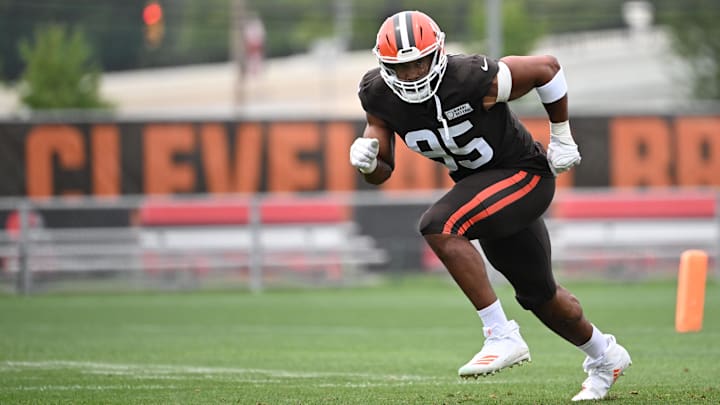 Aug 5, 2024; Cleveland Browns defensive end Myles Garrett (95) during practice at the Browns training facility in Berea, Ohio. Mandatory Credit: Bob Donnan-Imagn Images