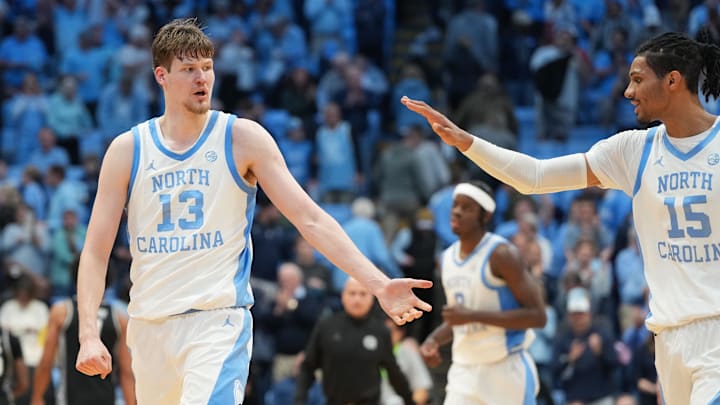 Dec 7, 2025; Chapel Hill, North Carolina, USA; North Carolina Tar Heels center Henri Veesaar (13) reacts with forward Jarin Stevenson (15) after the game at Dean E. Smith Center. Mandatory Credit: Bob Donnan-Imagn Images Dec 7, 2025; Chapel Hill, North Carolina, USA; North Carolina Tar Heels center Henri Veesaar (13) reacts with forward Jarin Stevenson (15) after the game at Dean E. Smith Center. Mandatory Credit: Bob Donnan-Imagn Images