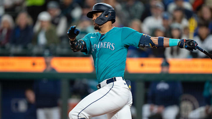 Seattle Mariners center fielder Julio Rodriguez swings during a game against the Oakland Athletics on Sept. 28 at T-Mobile Park. Seattle Mariners center fielder Julio Rodriguez swings during a game against the Oakland Athletics on Sept. 28 at T-Mobile Park.