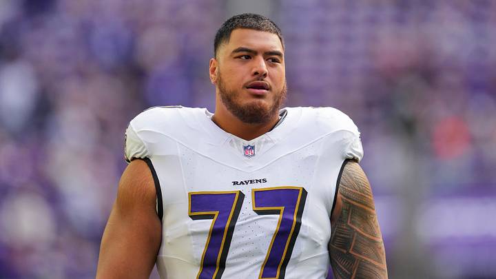 Nov 9, 2025; Minneapolis, Minnesota, USA; Baltimore Ravens guard Daniel Faalele (77) Mandatory Credit: Brad Rempel-Imagn Images Nov 9, 2025; Minneapolis, Minnesota, USA; Baltimore Ravens guard Daniel Faalele (77) Mandatory Credit: Brad Rempel-Imagn Images