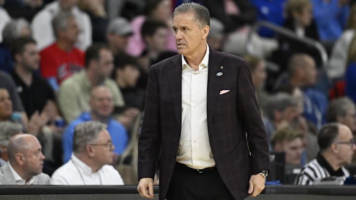 Mar 20, 2025; Providence, RI, USA;  Arkansas Razorbacks head coach John Calipari looks on during the first half against Kansas Jayhawks at Amica Mutual Pavilion. Mandatory Credit: Eric Canha-Imagn Images
