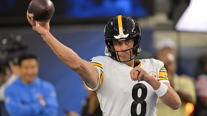 Nov 9, 2025; Inglewood, California, USA; Pittsburgh Steelers quarterback Aaron Rodgers (8) warms up before the game against the Los Angeles Chargers at SoFi Stadium. Mandatory Credit: Jayne Kamin-Oncea-Imagn Images